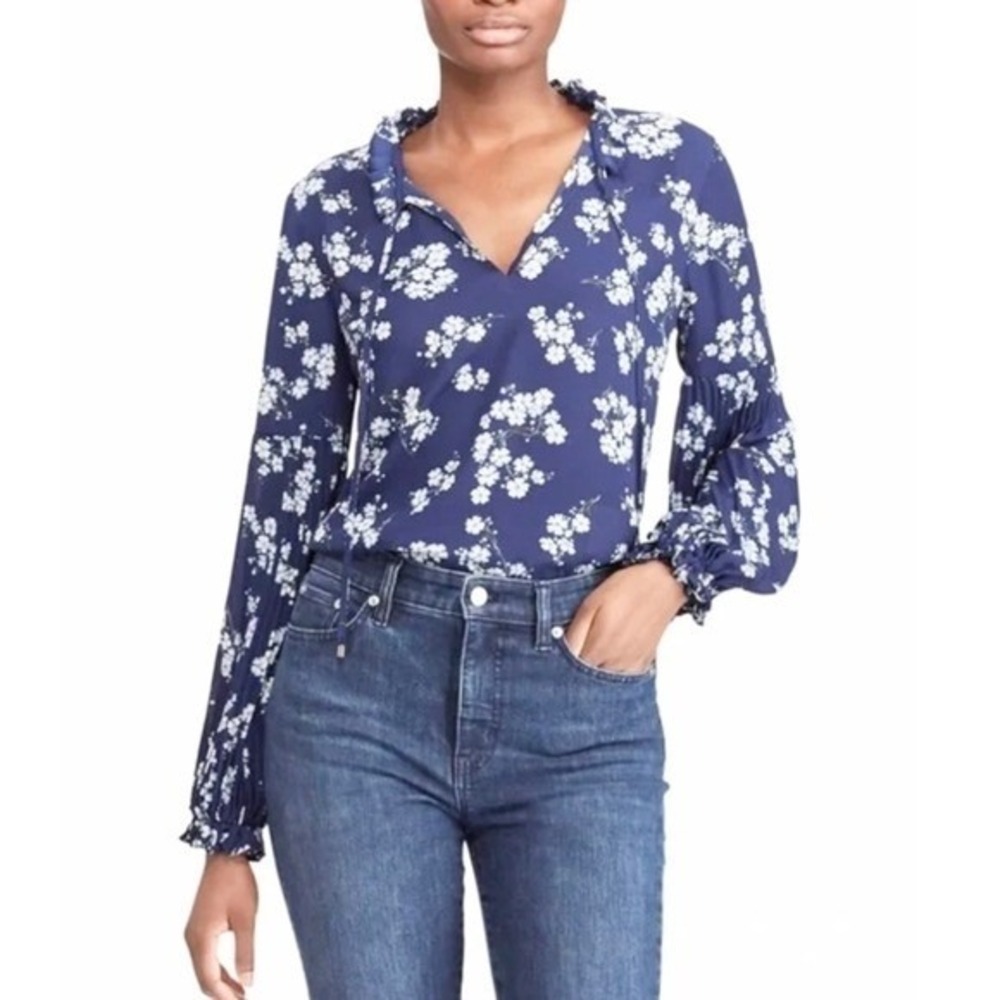 Liz Claiborne Floral‎ Pleated Sleeve Blouse Women Blue